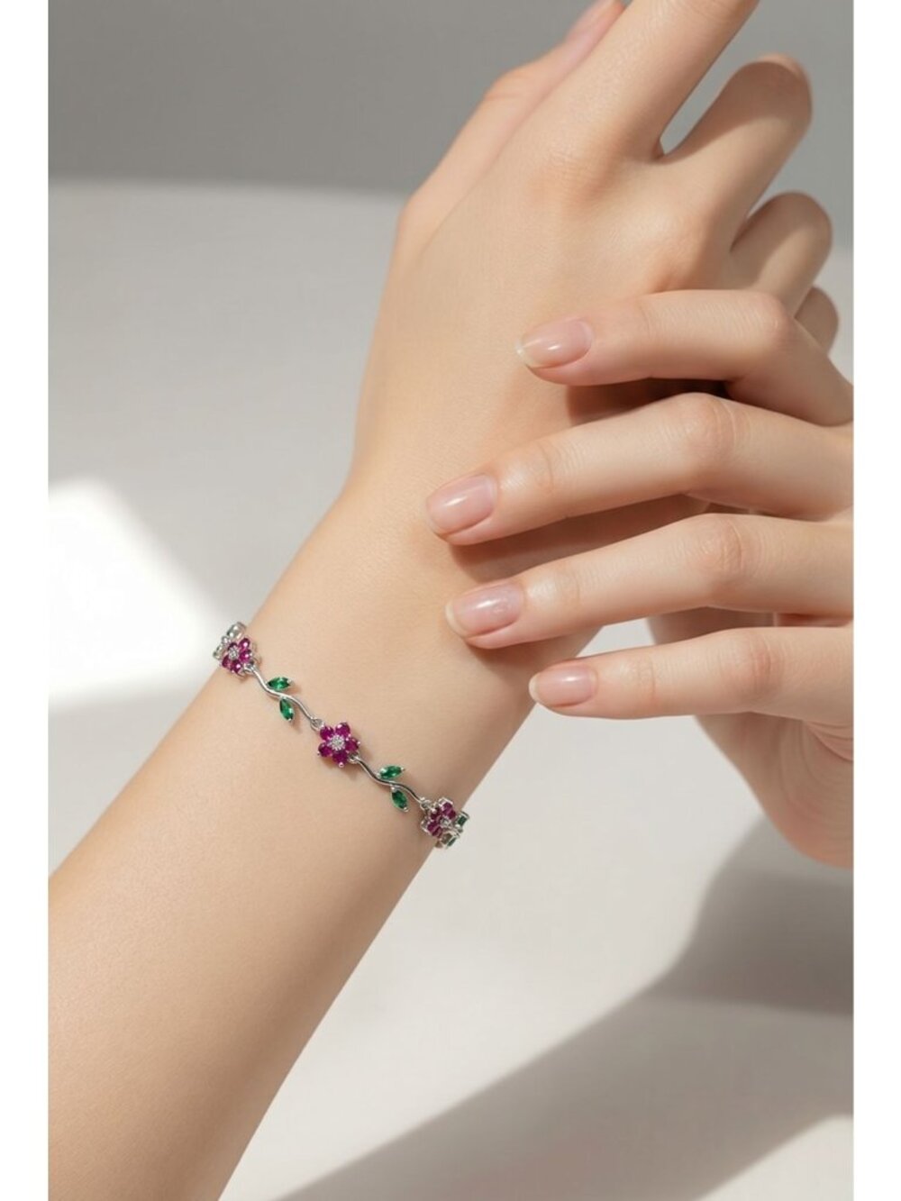 Floral Design Bracelet With Pink & Green stones Adjustable Clasp (SKU#0514)